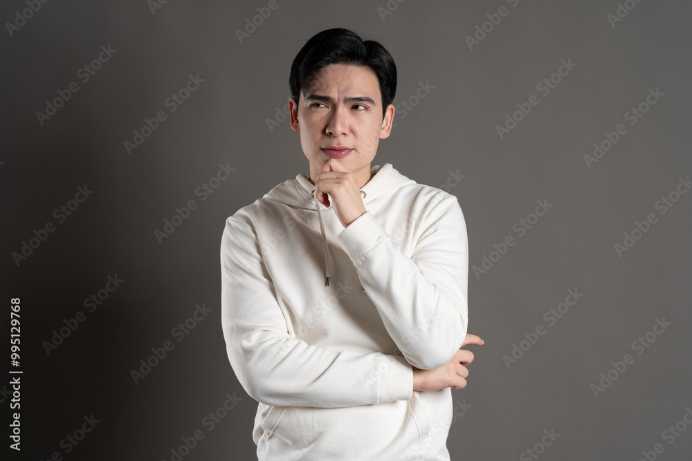 Portrait of Asian man wearing hoodie and posing on gray background. Portrait of Asian man wearing hoodie and posing on gray background.
