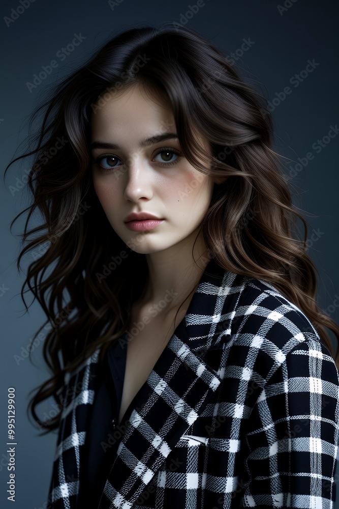 Portrait of a Young Woman with Long Wavy Hair Wearing a Plaid Jacket Portrait of a Young Woman with Long Wavy Hair Wearing a Plaid Jacket