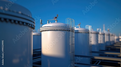 Industrial storage tanks under a clear blue sky, showcasing modern engineering and energy storage solutions in a facility.