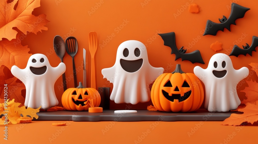 Festive Halloween Scene with Ghosts and Pumpkins Festive Halloween Scene with Ghosts and Pumpkins