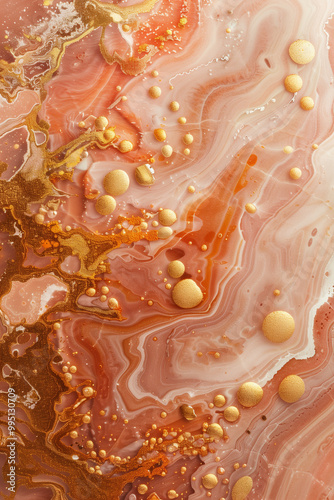  Abstract background featuring brown bubbles, peach waves, and gold inclusions photo