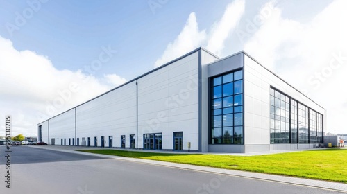 A modern warehouse with large glass windows and a smooth asphalt driveway, surrounded by green grass under a clear blue sky.