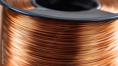 Close-up of a copper wire spool showcasing its smooth, shiny surface and fine details. Ideal for industrial and electrical themes. photo