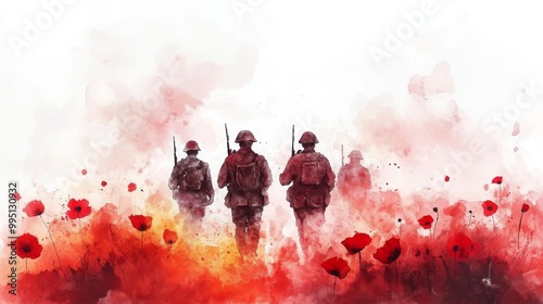 Fototapeta Naklejka Na Ścianę i Meble -  Soft watercolor depiction of soldiers marching under a sky