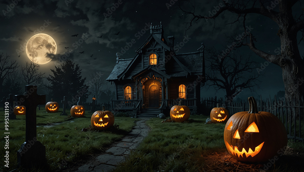 A spooky old house in a graveyard at night. Many carved pumpkins are around it.
A spooky old house in a graveyard at night. Many carved pumpkins are around it.