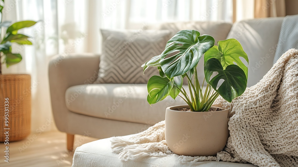 Cozy living room with a potted plant and soft decor. Cozy living room with a potted plant and soft decor.