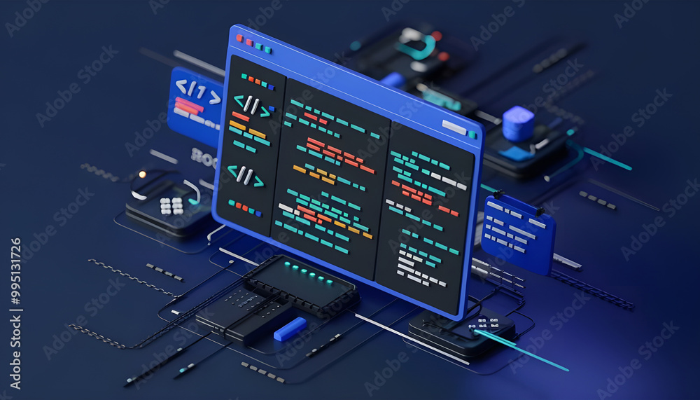 Fototapeta premium Abstract polygonal 3d illustration of computer screen and robotics in dark blue. Innovative web development, app or website design concept. Digital vector mesh with lines, dots, stars and particles. 