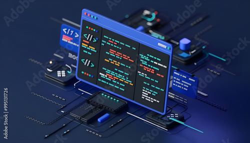 Wallpaper Mural Abstract polygonal 3d illustration of computer screen and robotics in dark blue. Innovative web development, app or website design concept. Digital vector mesh with lines, dots, stars and particles.  Torontodigital.ca