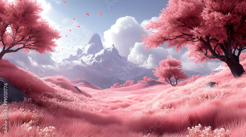 Pink Grass, Mountain, Trees...