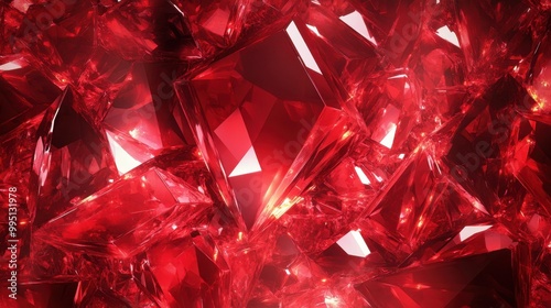 Geometric crystal fragments refract vibrant red light into a chaotic luxury design pattern of jagged edges and glowing surfaces create an eye-catching abstract background