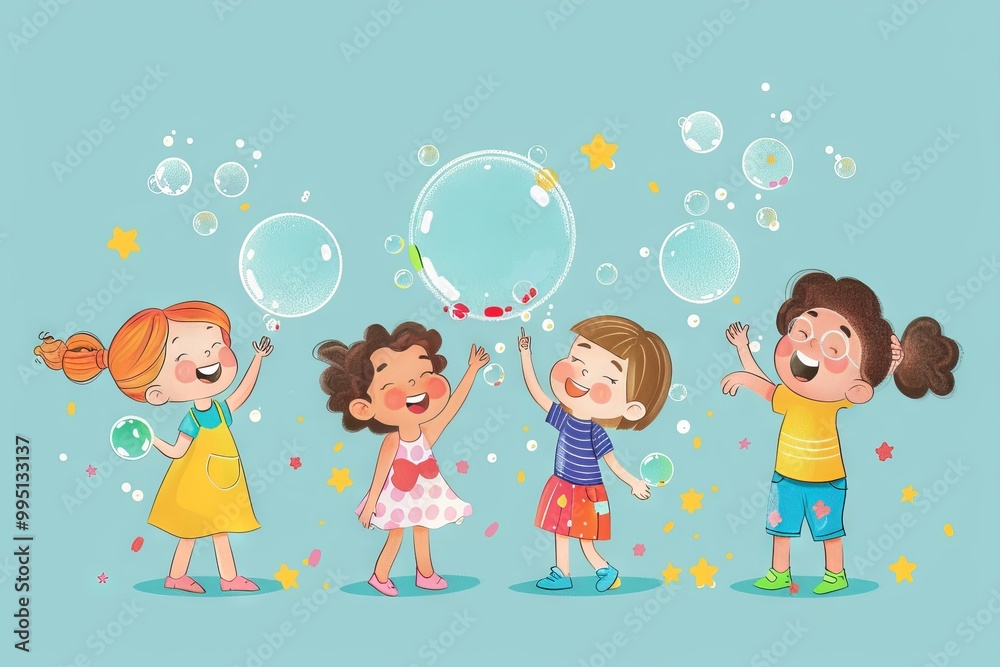 A group of children are playing with bubbles A group of children are playing with bubbles