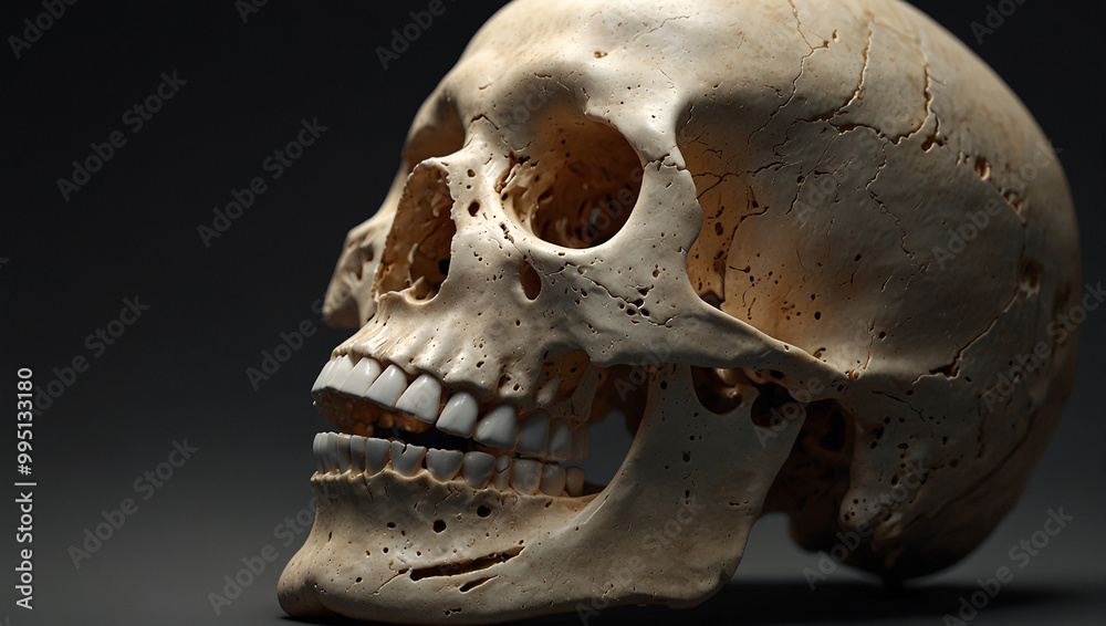 A detailed image of a human skull and upper neck bones.
A detailed image of a human skull and upper neck bones.