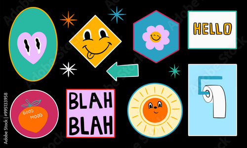 A Collection of Colorful Patches with Smiley Faces, Words, and Shapes