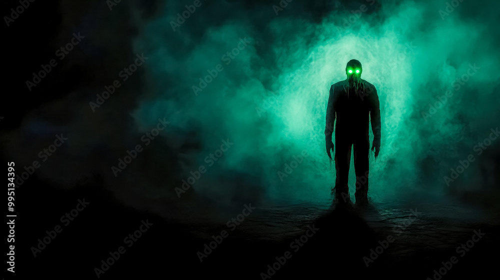 Fototapeta premium Sinister man with glowing eyes standing in foggy landscape