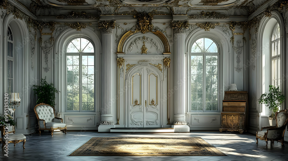 Obraz premium Elegant White Room with Gold Accents and Large Windows