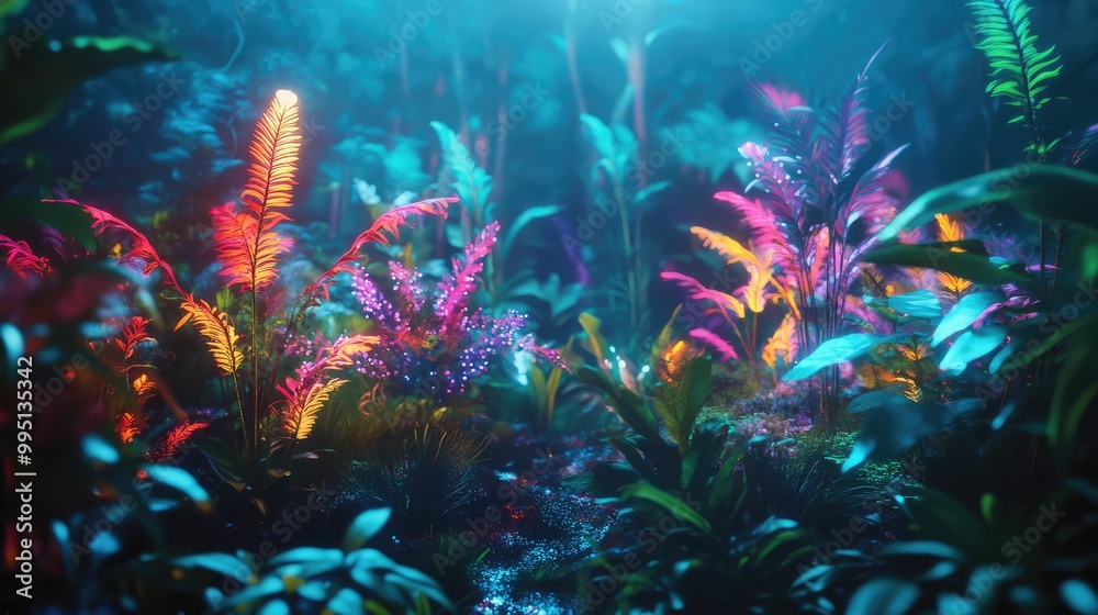 Fototapeta premium A bioluminescent forest where the plants emit a soft, colorful glow