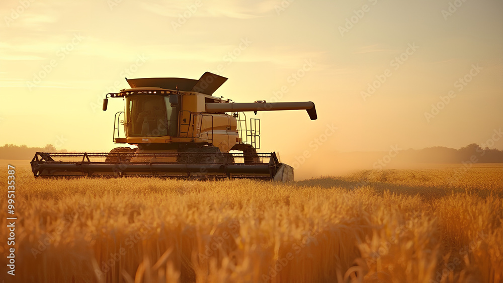 Fototapeta premium A combine harvester in a golden wheat field during harvest season symbolizing efficient crop production