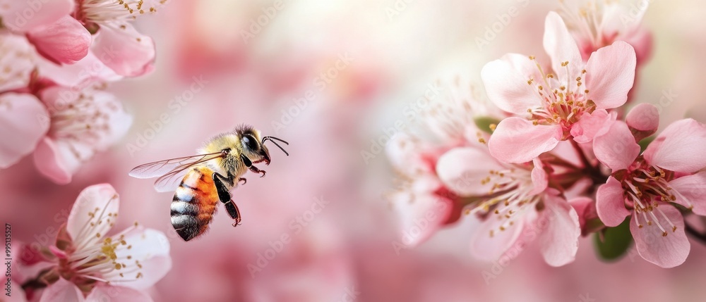 A honeybee collecting nectar from cherry blossoms during springtime in a vibrant garden A honeybee collecting nectar from cherry blossoms during springtime in a vibrant garden