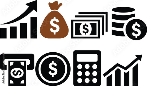 Set of Finance dollar icons. Business Icons, money signs. Money silhouette collection. Coins silhouette icon. Growth chart. Moneybag or stash. Calculator sign. Piggy bank flat style. coins stack