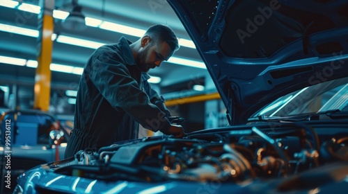 Car mechanic working in car repair shop. Close Up of car mechanic's hand repairing car engine