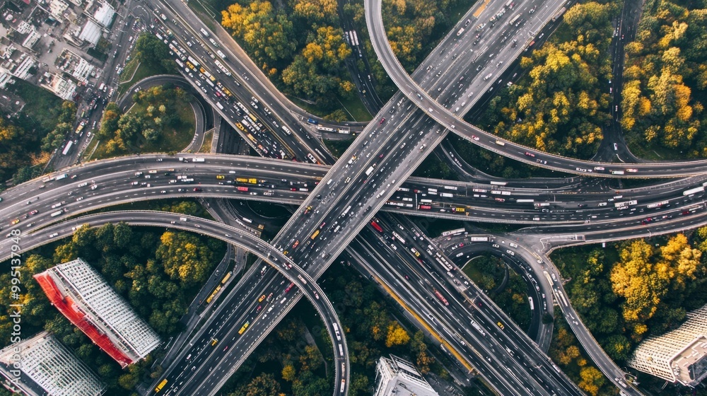 Urban Transport Network: Aerial View of Busy Highway Interchange Urban Transport Network: Aerial View of Busy Highway Interchange
