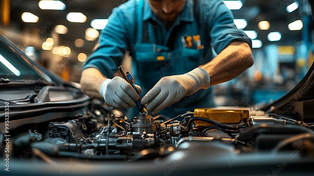 A mechanic wearing gloves and inspecting brake fluid levels under a car’s hood, with bright workshop lights reflecting off the engine components. The service station is clean and modern, A mechanic wearing gloves and inspecting brake fluid levels under a car’s hood, with bright workshop lights reflecting off the engine components. The service station is clean and modern,