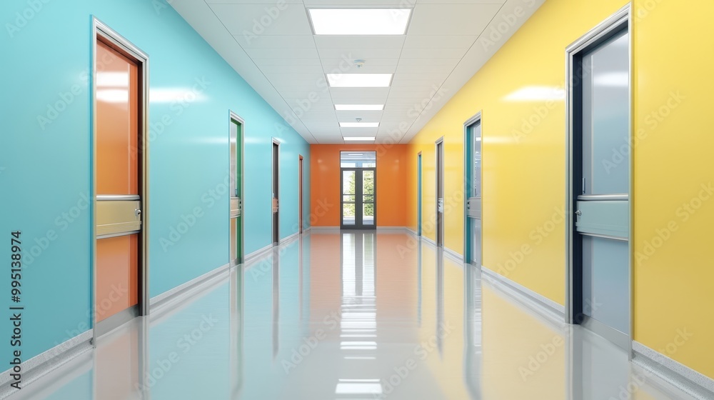 A clean and inviting hospital corridor with bright, colorful walls and shiny floors, creating a welcoming and hopeful atmosphere. A clean and inviting hospital corridor with bright, colorful walls and shiny floors, creating a welcoming and hopeful atmosphere.