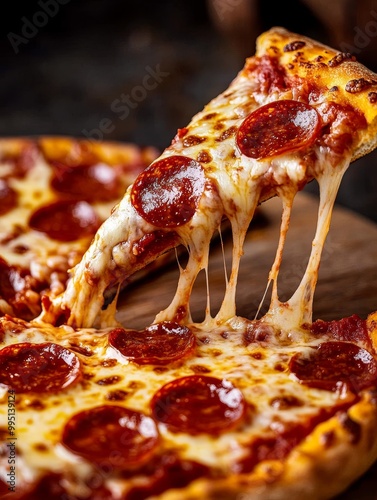 A close-up of a cheesy pepperoni pizza slice with gooey melted mozzarella cheese stretching out, the perfect combination of savory, cheesy, and delicious.