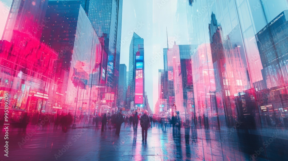 Fototapeta premium A blurry cityscape with neon lights and people walking on the street