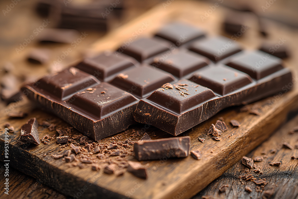 Dark chocolate bar on a rustic wooden surface, brain-stimulating treat, rich in flavonoids. Dark chocolate bar on a rustic wooden surface, brain-stimulating treat, rich in flavonoids.