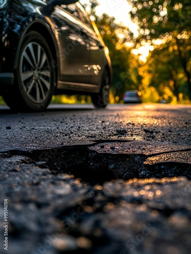 Wallpaper Mural A close-up view of a car wheel driving over a cracked asphalt road at sunset, capturing the golden light and the texture of the pavement. Torontodigital.ca