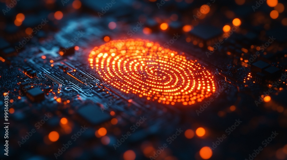 A glowing fingerprint embedded on a computer circuit board, suggesting a futuristic approach to security and authentication. A glowing fingerprint embedded on a computer circuit board, suggesting a futuristic approach to security and authentication.