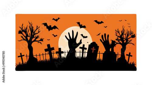 Halloween zombie hands silhouettes on cemetery. Vector creepy graveyard with emerging dead arms, flying bats and ravens sitting on tombs on orange background. 