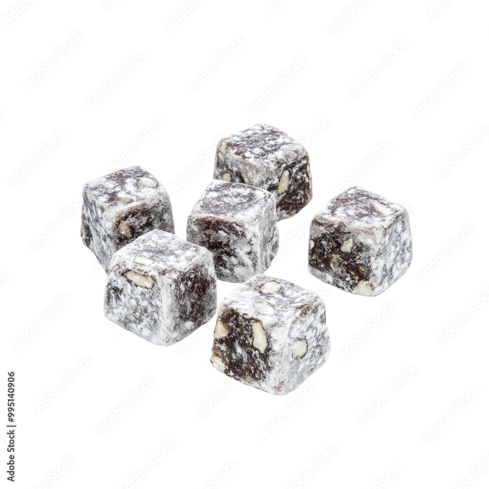 Closeup of Turkish Delight Cubes with Nuts and Powdered Sugar Closeup of Turkish Delight Cubes with Nuts and Powdered Sugar