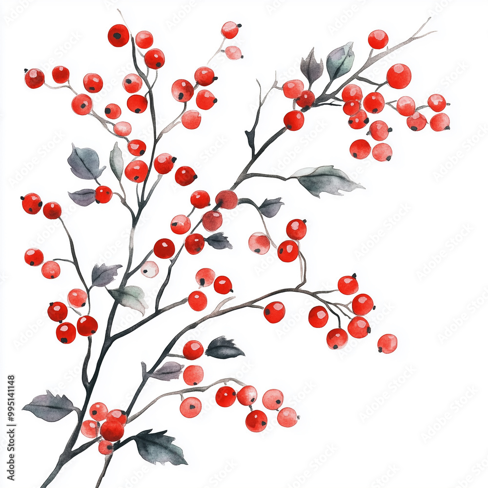 Watercolor illustration, twig with red berries on a white background. Christmas branch. Watercolor illustration, twig with red berries on a white background. Christmas branch.