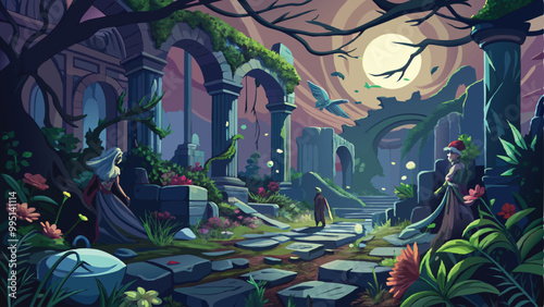Print The Cursed Garden Halloween Spooky Haunted Dark Forest Background Vector Illustration