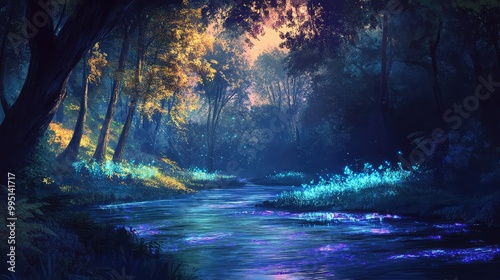 A calm river flowing through a glowing forest, with strange, bioluminescent plants growing on the banks