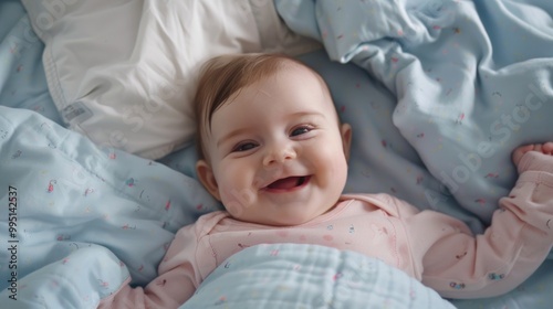 Baby Sleep. Happy Little Girl Smiling in Beautiful White Bed