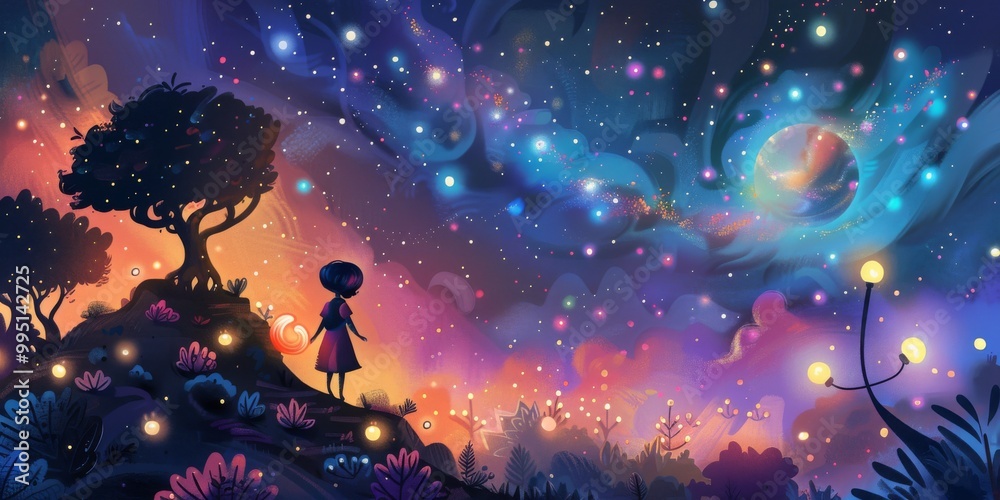 A girl is standing on a hill looking up at the stars A girl is standing on a hill looking up at the stars