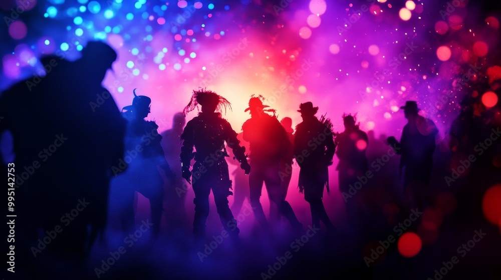 A group of people dancing in silhouette against a background of vibrant neon lights, creating a dynamic and energetic atmosphere. A group of people dancing in silhouette against a background of vibrant neon lights, creating a dynamic and energetic atmosphere.