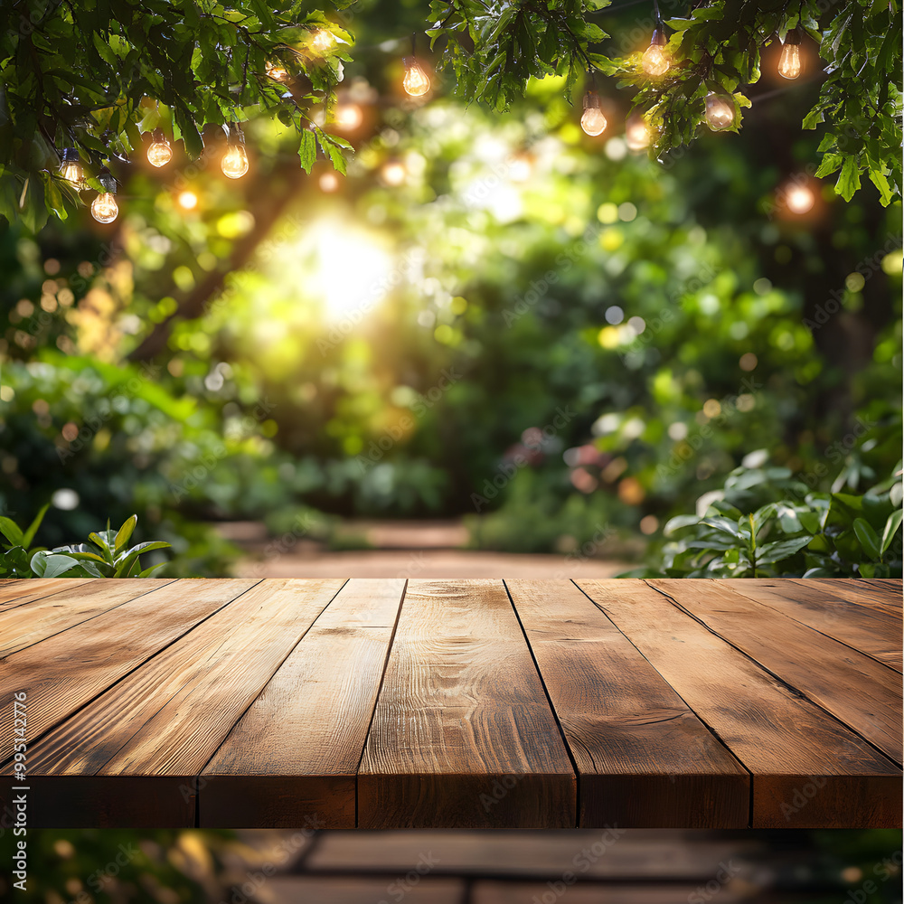 Empty wooden tabletop set in a lush home backyard garden, perfect for outdoor parties. The scene is inviting with greenery and festive elements, offering space for your text or product display. Empty wooden tabletop set in a lush home backyard garden, perfect for outdoor parties. The scene is inviting with greenery and festive elements, offering space for your text or product display.