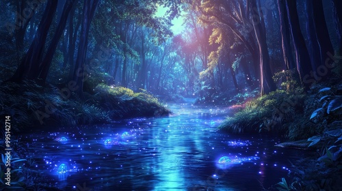 A calm river flowing through a glowing forest, with strange, bioluminescent creatures swimming just beneath the surface