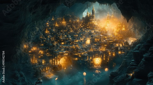 A city built inside a giant cave, illuminated by glowing crystals embedded in the walls