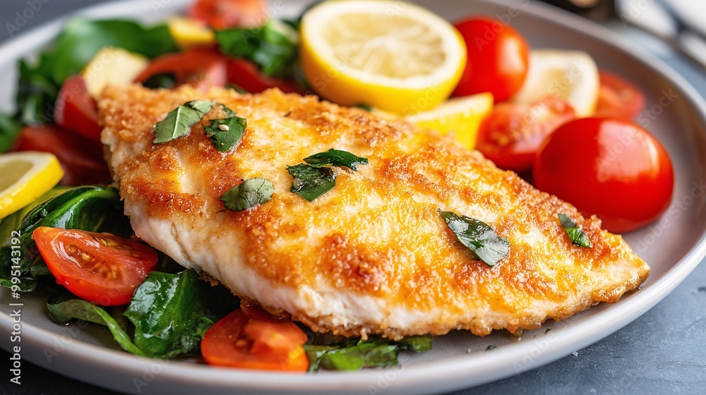 Crispy Fried Fish with Fresh Vegetables and Lemon Slices Crispy Fried Fish with Fresh Vegetables and Lemon Slices