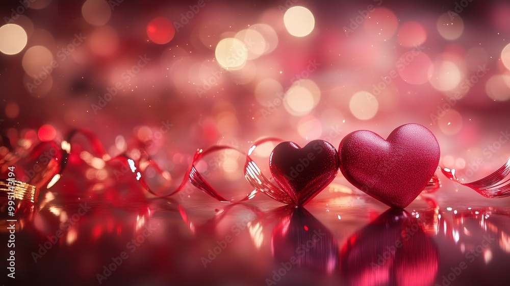 A romantic scene with ribbon-shaped hearts in red and pink, reflecting luxury and love on Valentine's Day. A romantic scene with ribbon-shaped hearts in red and pink, reflecting luxury and love on Valentine's Day.