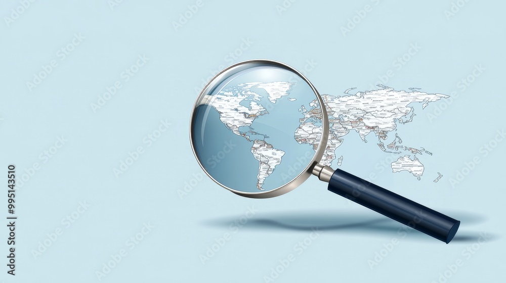 A magnifying glass focuses on a world map, symbolizing exploration, discovery, research, global reach, and interconnectedness. A magnifying glass focuses on a world map, symbolizing exploration, discovery, research, global reach, and interconnectedness.