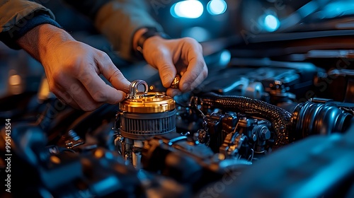 Close-up of a mechanic’s hands unscrewing the radiator cap to check the coolant levels, with the car’s engine illuminated by soft white LED lights. photo