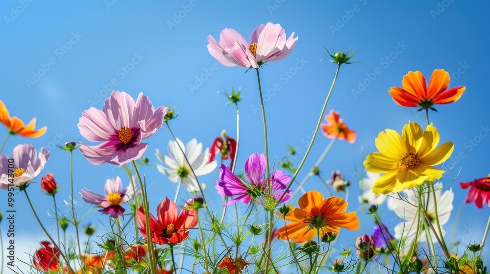Spring Bloom Colorful Cosmos Flowers Under a Clear Sky Spring Bloom Colorful Cosmos Flowers Under a Clear Sky