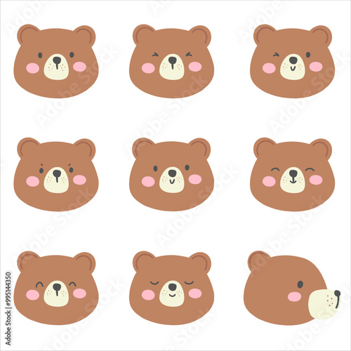 Cute Bear Emoji Set - Flat Style, 9 Emotions