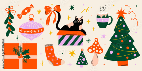Christmas vector flat cartoon illustration set with winter holiday decorations design elements, festive ornament, xmas bauble, mistletoe, lantern, tree, gift box, cat, toys, retro sticker collection